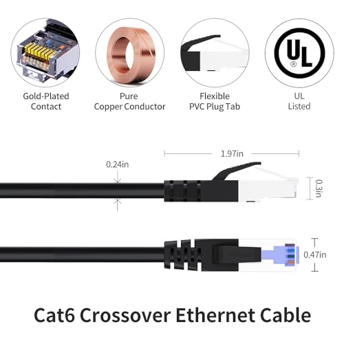 Image of Cat6 Crossover Ethernet Cable Shielded 10FT T-568A to T-568B RJ45 Male to Male FTP Network LAN Patch Cord, Black