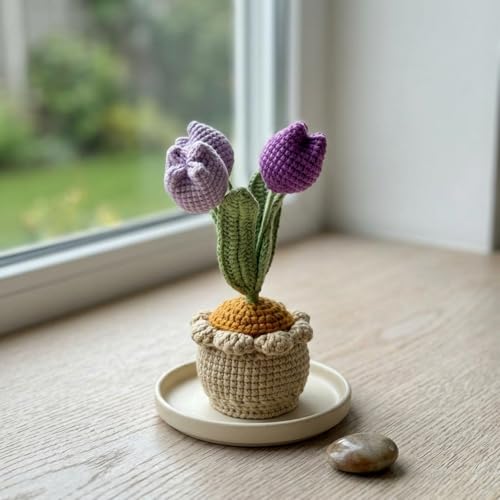 Image of eCraftIndia Artificial Handmade Crochet Purple Tulip Flower Bouquet with Pot for Table Decor Car Dashboard Office Desk Home Decoration Item | Gift for Friends Mothers Day Teachers Day Anniversary