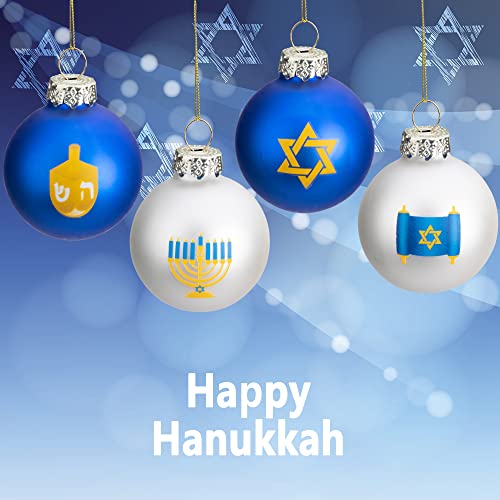 12Pcs Hanukkah Glass Ball Ornaments,1.5" Star Of David Hanukkah Ornament Balls,White And Blue Jewish Menorah Ornaments For Tree Hanukkah Decorations #TOP6