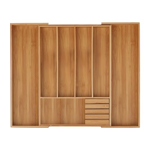 Relaxdays Cubertero, Bambú, Extensible, Bandeja de cubiertos para cajón, Separador cajones, 5x55x44,5 cm, marrón natural