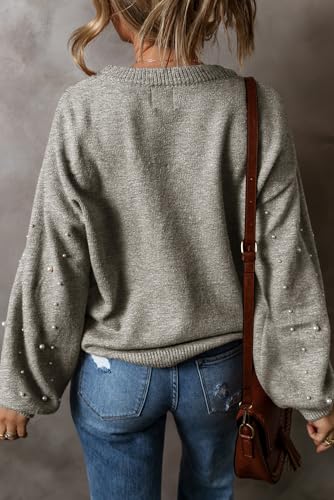 Pearl Sweater for Women Lantern Sleeve Drop Shoulder Crewneck Sweatshirt Knit Chunky Pullover Sweaters with Pearls4