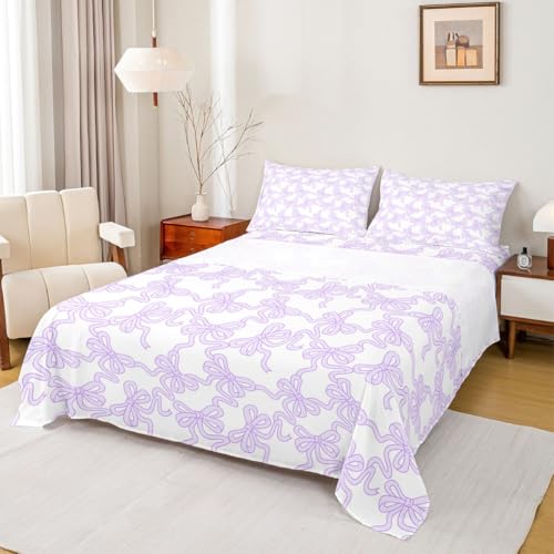 Image of Castle Fairy Cute Bow Bed Sheet Set for Kids,Purple Coquette Bowtie Sheets Set,Watercolor Ribbon Bowknot Preppy Style Home Decor Sheet Sets with Deep Pocket,Top Flat Sheet,Twin Size