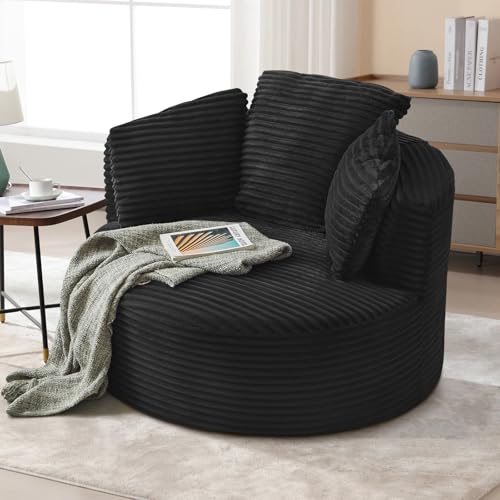 Image of Antetek 48.8-inch Round Chair, Modern Accent Corduroy Comfy Deep Seat Boneless Foam Floor Single Circle Chaise Sofa Chair with 3 Pillows for Living Room Bedroom Office, No Assembly Required, Black