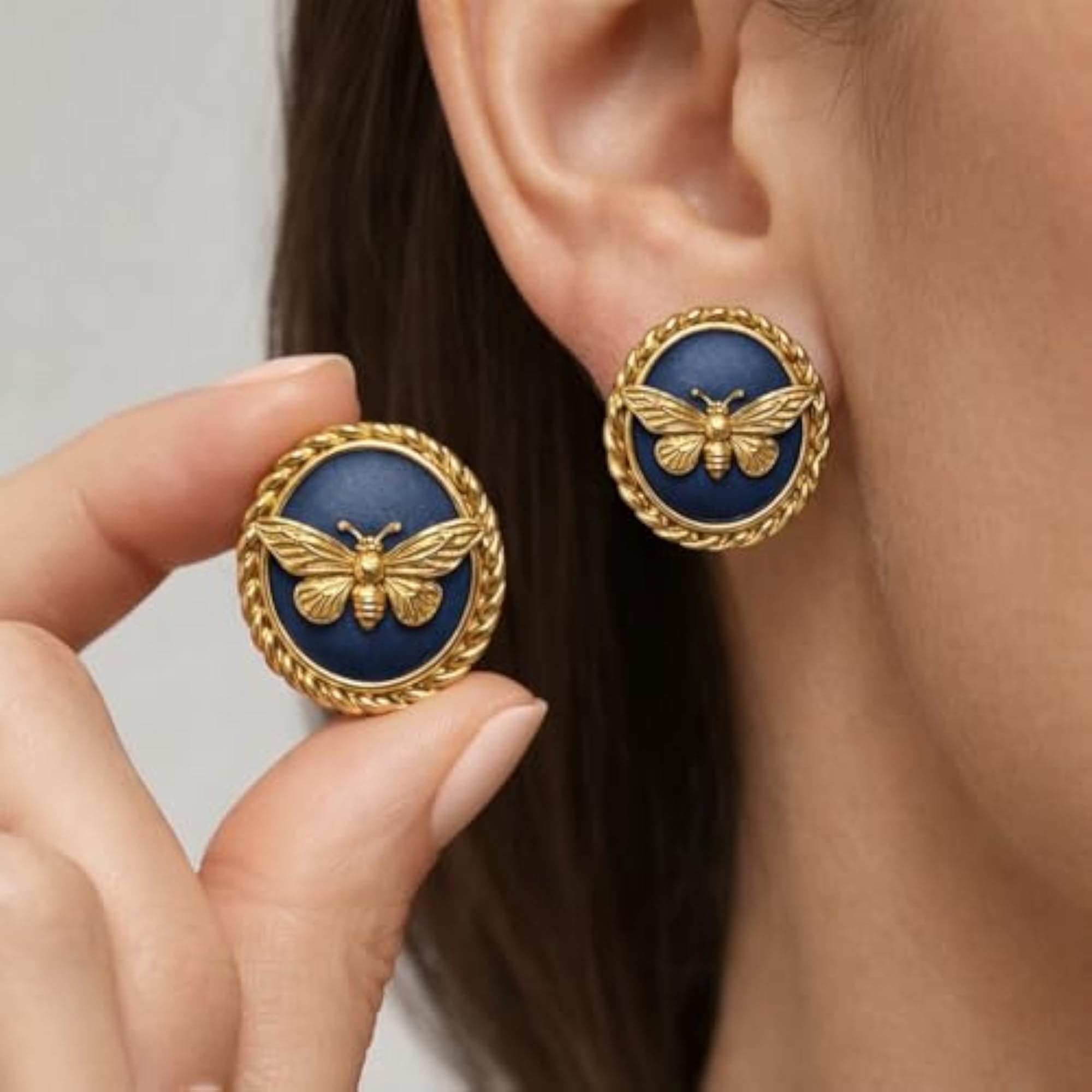 Women's Gold Bee Design Blue Enamel Stud Earrings Set