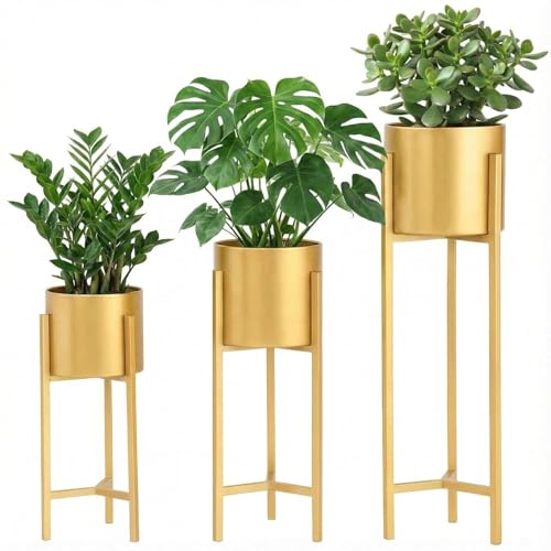 Image of NMT Metal Flower Plant Pots for Living Room, Bedroom | Tall Indoor Planters Pots Self Watering Rust-Free for Home Decor Living Room Set 3 || Golden