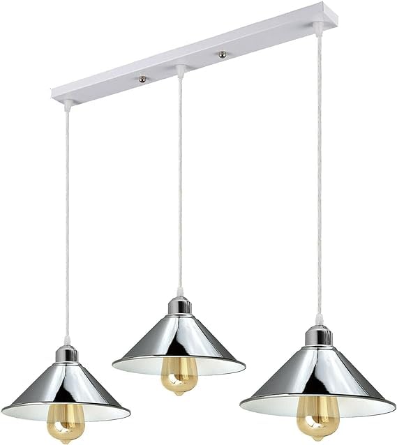 LEDSone Vintage Retro 3 Head Ceiling Pendant Light Cluster Light Fitting Chrome Lamp Shades, UK E27 Holder Lighting Kit