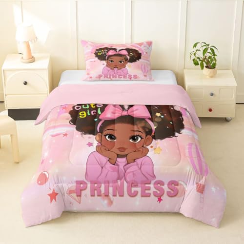 Image of Erosebridal Pink Black Girls Toddler Bedding Set Magical African American Comforter Set for Nursery Afro Little Girls Comforter Cute Room Decor Melanin Bedroom Decor (1 Comforter, 1 Pillowcase)