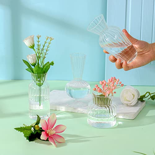 4Pcs/ Set Clear Glass Flower Vase, Geometric Shape Striped Wave Vase Sets,Cute Mini Bud Vases Simplicity, Floral Arrangements Implement Vase For Home, Centerpieces, Table Decor #TOP3