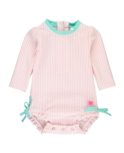 Image of RuffleButts Baby/Toddler Girls Seersucker Long Sleeve One Piece Rash Guard Swimsuit with UPF 50+ Sun Protection