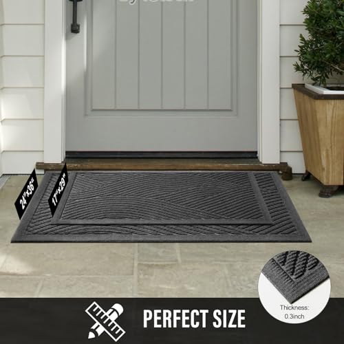 HIYARD Durable Front Door Mat, Absorbent Muddy Dirt Resist Welcome Door Mats Outdoor Indoor, Stain and Fade Resistant, Non-Slip Backing Entry Mat Low Profile Doormat for Entryway, 36×24, Grey