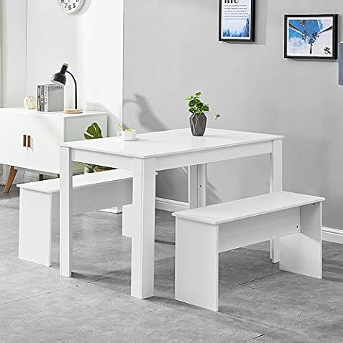 HomeSailing White Dining Table and 2 Benches Wooden Finish 3 Piece Kitchen Dinette Table and Chairs Set with 4 Seat Space Saver for Small Apartment Cover