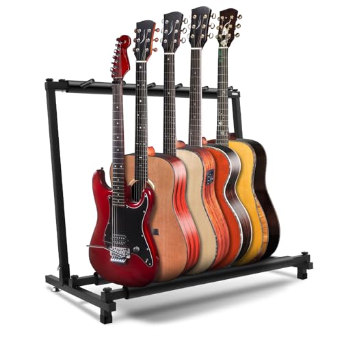 Foldable 5 Multi Guitar Stand Rack, Space-Saving Black Instrument Holder with Rubber Protection for Home/Studio, Compact Musical Gear Storage