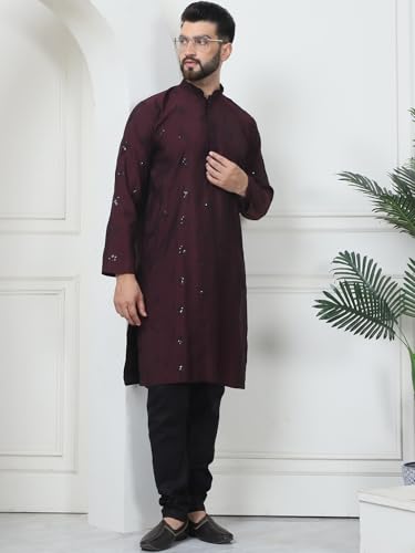Image of SOJANYA (Since 1958 Men's Cotton Silk Sequinned Neck Embroidered Kurta with Black Pyjama