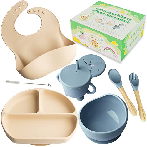 Coffret Repas Bebe - Lot de 6 pièces - Bol et Assiette bébé ventouse - Bavoir Bebe, Couvert Enfant et Tasse Apprentissage en Silicone sans BPA - Pratique et Facile à laver.