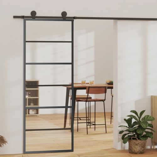 BAZZI Juego completo de puerta corredera de cristal, juego completo de puerta corredera, con puerta de cristal, puerta corredera con herraje, vidrio templado y aluminio, 76 x 205 cm, 5 barras