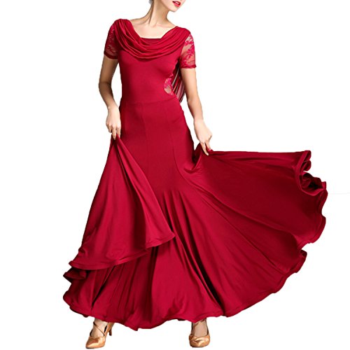 NAKOKOU Women Ballroom Dance Dress Long Sleeves Flamenco Dance Elegant Dress(Wine Red,L)