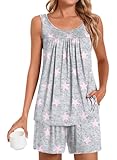 POPYOUNG Pajama Set for Women Summer Sleeveless Tank Tops Pjs Sets 2 Piece Lounge Set Comfy Shorts Sleepwear with Pockets 2XL, Pink Star