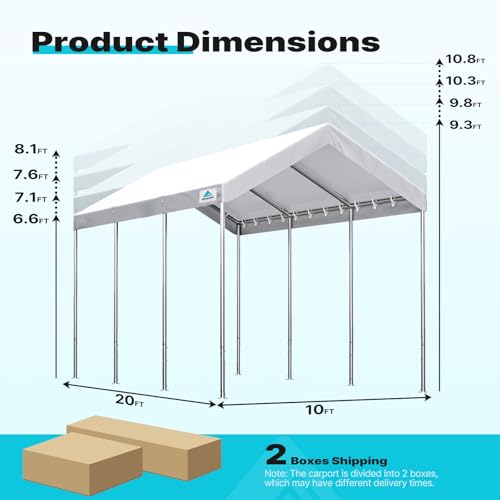 Image of ADVANCE OUTDOOR 10x20 ft Heavy Duty Carport Potable Car Canopy Garage Party Tent Boat Shelter, Adjustable Height from 9.5 ft to 11 ft, White