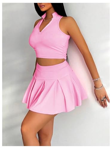 Women's 2 Piece Tennis Skirt Set Sleeveless Racerback Crop Tank Tops High Waisted Pleated Mini Skirt Outfits4