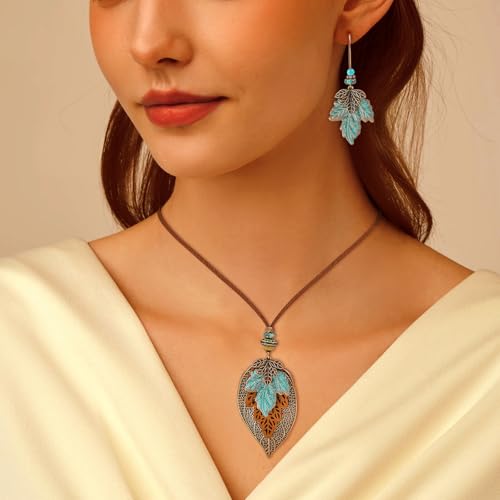 Wooden Leather Necklaces Set Bohemian Wood Stack Discs Long Chain Hemp Rope Bronze Plated Pendant Ethnic Tribal Fall Leaf Earrings Jewelry Statement Necklace 6