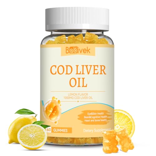 Babivek Cod Liver Oil Gummies 1000mg for Adults & Kids with Omega-3 Vitamin A & D3 Fish Oil Supplement Supports Eye Health Brain Function & Bone Health Sugar-Free Non-GMO Gluten-Free 60 Count