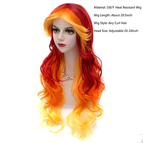 Mq Women Orange Yellow Wigs, Long Curly Wavy Wig For Girls 29.5 Inch Colorful Wigs Cosplay Costume Party Fluffy Wig Synthetic Charming Heat Friendly Ombre Wigs (Yellow To Orange To Red) #TOP1