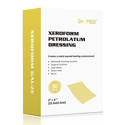 Dr.Med Xeroform Petrolatum Dressing Patch 5x9-30 Pcs/Box Non-Adherent Gauze Dressings for Minor or Partial Thickness Burns Lacerations Skin Graft Recipient Sites Newly Sutured Wounds