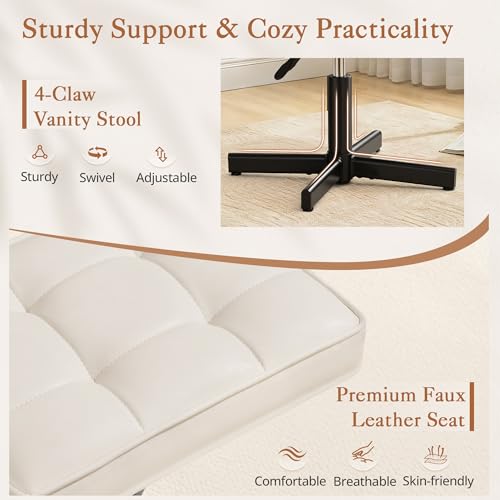 Image of LUE BONA Adjustable Vanity Stool, 15''-19.5'' Foot Rest Under Desk, 360 Swivel Vanity Chair for Makeup Room, Cream Upholstered Faux Leather Ottoman for Bathroom & Living Room, 300lbs