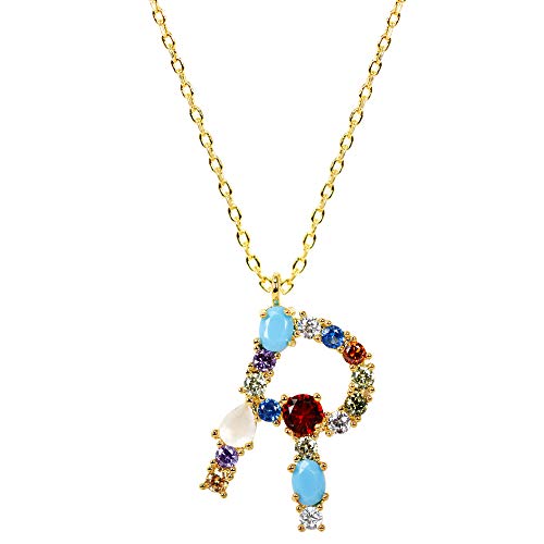 Me Plus Fashion Women Teen Girls Initial Letter Colorful Cubic Zirconia Alphabet Pendant Charm Gold Dipped Necklace Made in Korea (Initial - R)