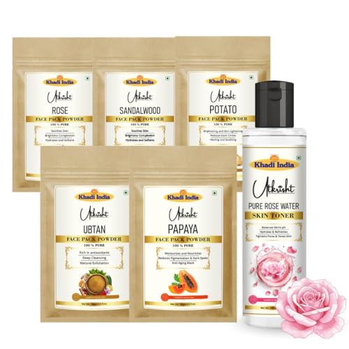 Image of Khadi Utkrisht Rose Sandalwood Potato Ubtan Papaya Powder Face Pack with Rose Water Skin Toner for Glowing Skin, Tan Removal, Skin Brightening, Natural Herbal Face Mask for All Skin Types (Paraben-Free, Chemical-Free) - Pack of 6
