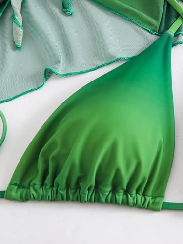Image of Girl's 3 Piece Bikini Set Tie Dye Gradient Color Bathing Suit High Waist Swimwear with Kimono Cover Ups Green 160