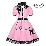 Simplecc 50s Costumes for Girls 1950s Pink Poodle Cutie Costumes with Eye Glasses and Scarf for Kids (4-6 Years)