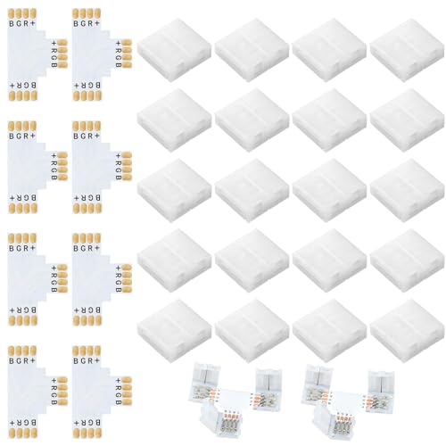 28 Packs Connecteurs Ruban LED RGB 4 Broches 10mm pour Bandes RGB SMD 5050, Connecteur LED 4 Pin 10mm avec 20 Clips Ruban Lumineux et 8 Raccords en T, Pour...