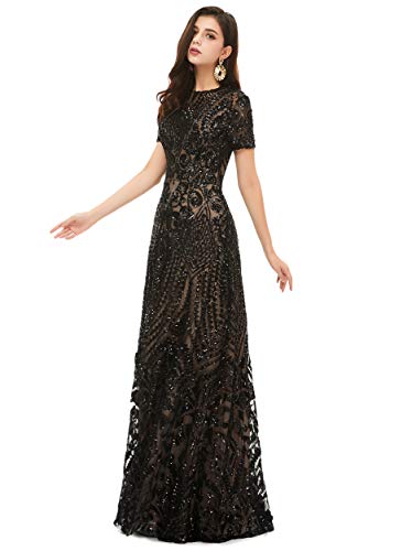 Women's Short Sleeves Sequins A-Line Formal Evening Dress3