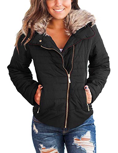 luvamia Women Casual Warm Winter Faux Fur Quilted Parka Lapel Zip Pockets Jacket Puffer Coat Black Size Medium