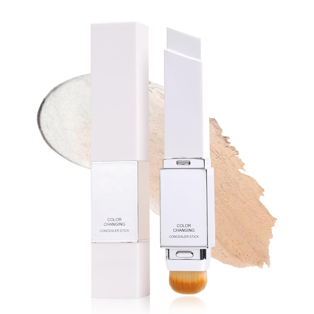 Color Changing Foundation Stick 2-in-1 Dual Ended with Brush - Satin Glow Finish Lightweight Blendable Creamy Concealer Waterproof