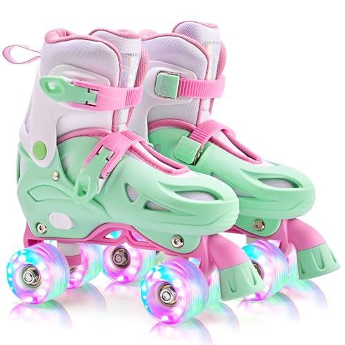 2PM SPORTS 4 Size Adjustable Light Up Roller Skates for Girls, Flashing 4 Wheels, Beginner Kids Rollerskates for Age 5-8 8-12 - Green Small