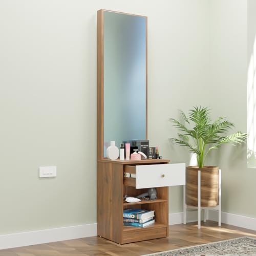 Image of VIKI | Engineered Wood Dressing Table with 1 Drawer, Mirror and Huge Storage Space | Vanity for Living Room, Bedroom (Brussel Walnut & Frosty White- 43.8W x 40D x 182.6H cms)