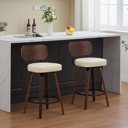 Image of YaFiti Swivel Bar Stools Set of 4, 26 inch Upholstered Faux Leather Counter Height Barstools with Walnut Back & Bentwood Legs, Mid Century Modern Bar Chairs Island Stools for Kitchen Counter, Beige PU