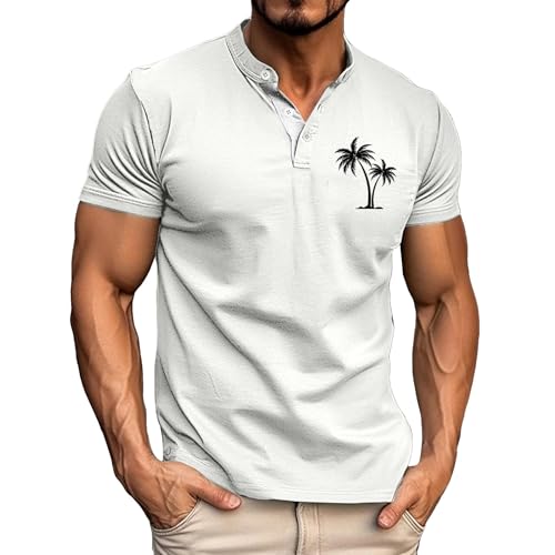 Hawaiian Henley Shirts for Men Stand Collar Button Short Sleeve Tshirts Summer Workout Running Beach Vacation Clothes