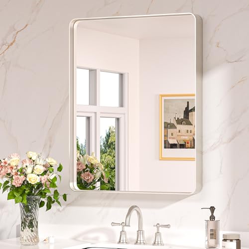 Keonjinn 24 x 30 Inch Brushed Nickel Bathroom Vanity Mirror Aluminum Frame