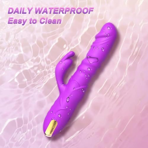 Image of Dildo Thrusting Rabbit Vibrator, G Spot Clitoral Vibrator Dildos Waterproof & Rechargeable Realistic Silicone Vibrator with 3 Thrusting & 10 Vibrating Modes, Rose Sex Toys for Women