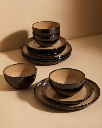 Image of Pokini Stoneware Dinnerware Sets for 4, 12pcs Plates and Bowls Sets Dishes
