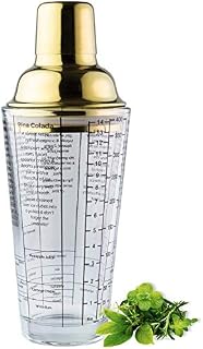 Classic Cobbler Glass Cocktail Shaker - 400ml (14fl oz). Built-In Ice Strainer, Silicone Seal & Spirit Measure Cap. Titanium-Nitride Coated Stainless Steel. Measuring Scale & Recipes on Side of Glass.
