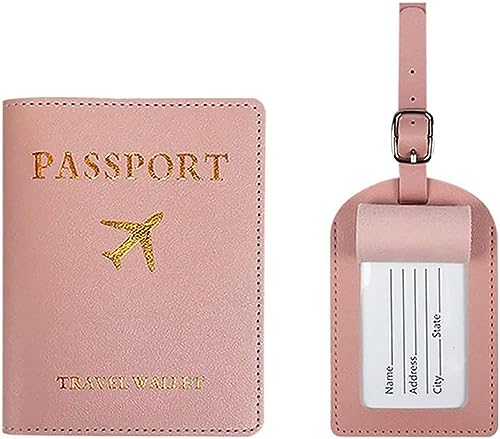 Image of House of Quirk Luggage Tag and Passport Protector Set, Plane Pouch Passport Suitcase Identification Leather Tag Luggage Tags for Children School Bag (Pink)