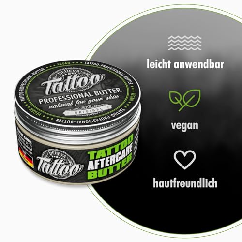 Believa Tattoo Butter - Premium Tattoopflege mit veganer Formel und natürlichen Inhaltsstoffen für strahlende Tattoofarben - Tägliche Pflege & Aftercare für tätowierte Haut | 100ml