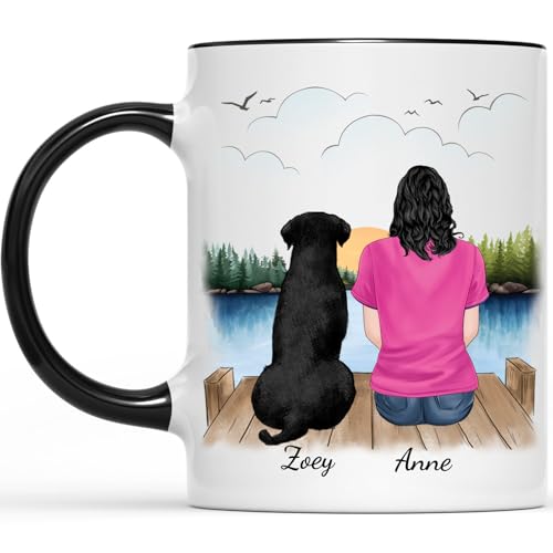 Personalized Dog Mom Mug - Choose from 90 Breeds, Backgrounds, Outfits & Quotes - Unique Dog Mom Gifts for Women - 11oz or 15oz Custom Coffee Mug for Pet Lovers, Fur Mamas - 8 Mug Colors (Woman Lake)