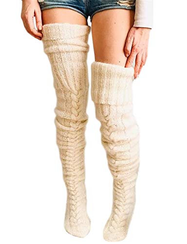 Women's Cable Knit Knee-High Winter Boot Socks Extra Long Thigh Leg Warmers Stocking Thigh-High Warm Leggings (Beige, OneSize)