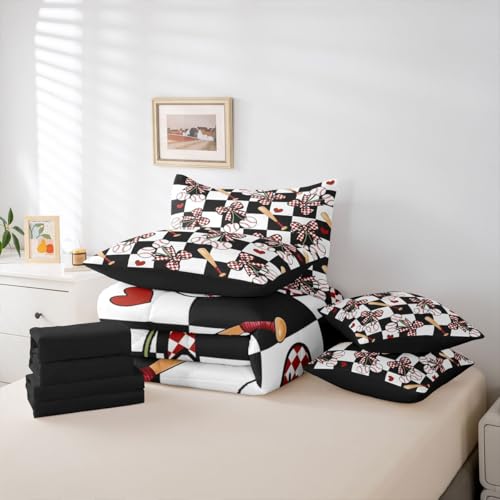 Image of 7 Pcs Baseball Cherry Bow Bedding Sets with Sheets,Comforter,Pillowcases,Pillow Covers Checkered Bowknot Sports Style Comforter Set Black White Patchwork Grid Bedroom Dorm Decor Bed Set,King Size