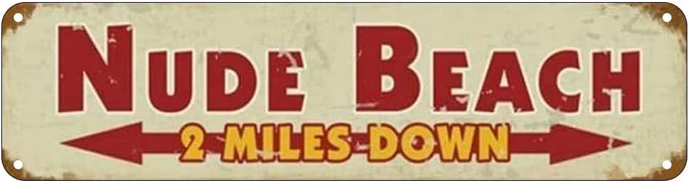 Nude Beach 2 Miles Down Retro Tin Signs Aluminum Metal Sign for Kitchen Home Garden Wall Bar Cafe Decor 4x16 Inch